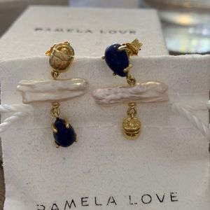 Pamela Love 3-Drop Earrings—Lapis and pearl with gold plated scarab